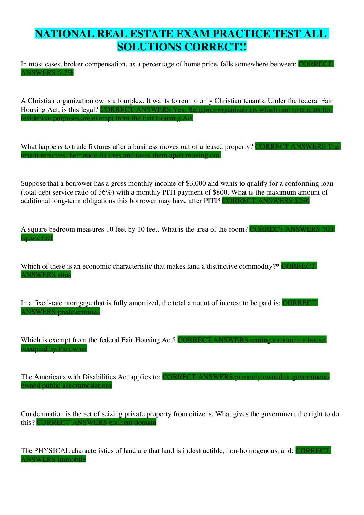 Preview image for NATIONAL REAL ESTATE EXAM PRACTICE TEST ALL SOLUTIONS CORRECT!!